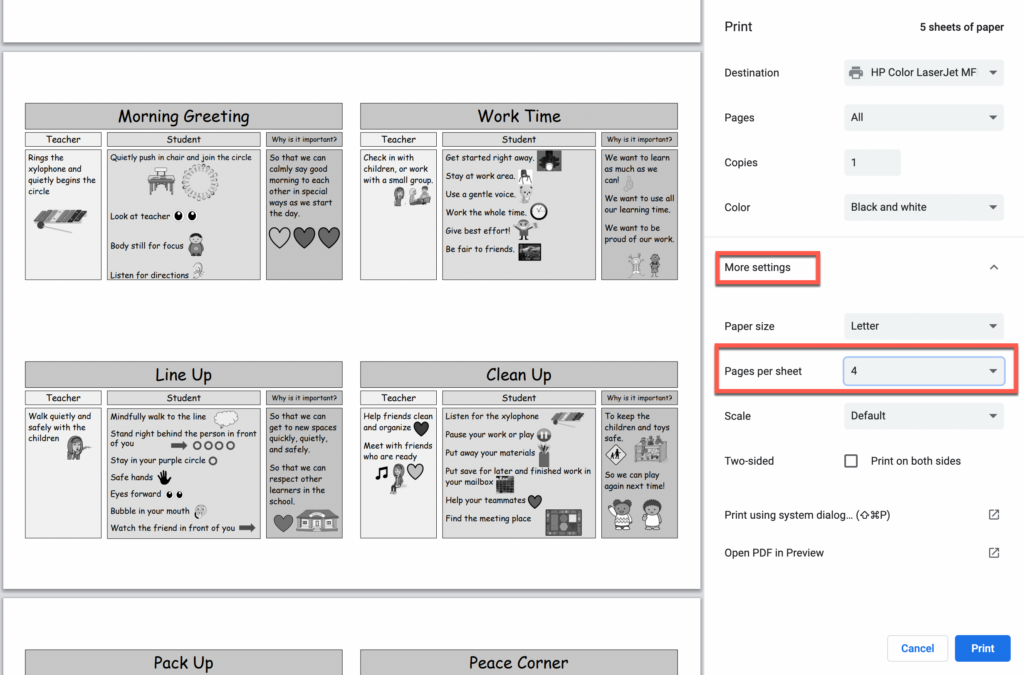 Mini anchor charts can be printed with multiple on a page.