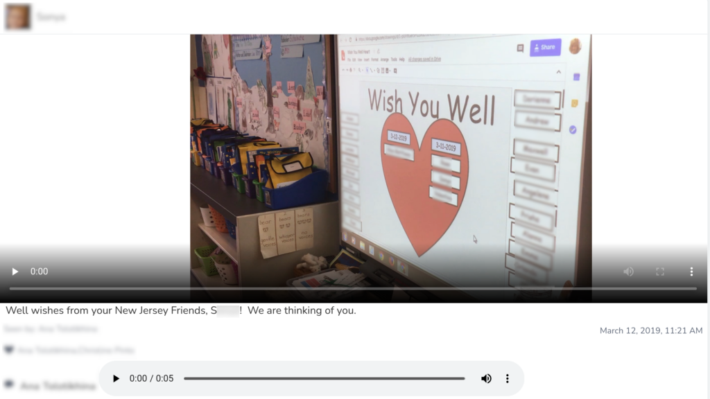 Screenshot of Seesaw post, where the New Jersey class made a video for a sick classmate in California who was absent for an extended period of time.
