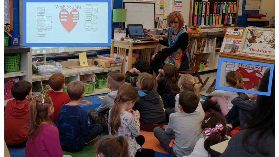 Image of children engaging in Wish You Well ritual. The heart is displayed on the board and with a poster in the classroom as well.